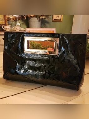 Michael Kors Black Berkley Patent MK Logo Wristlet Clutch with Gold Accent